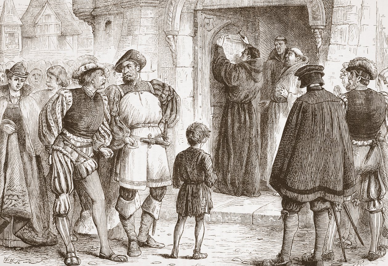 Luther nailing his Theses to the door of the Schloss-Kirk at Wittemberg by English School