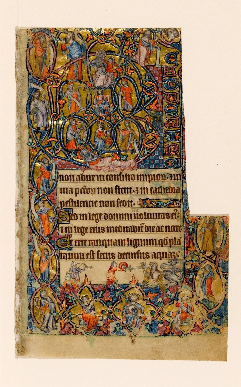 The Tree of Jesse and the Beatus Initial Border with Musician and Grotesque Combat, from the Macclesfield Psalter, Use of Sarum, East Anglia (c.1330) by English School