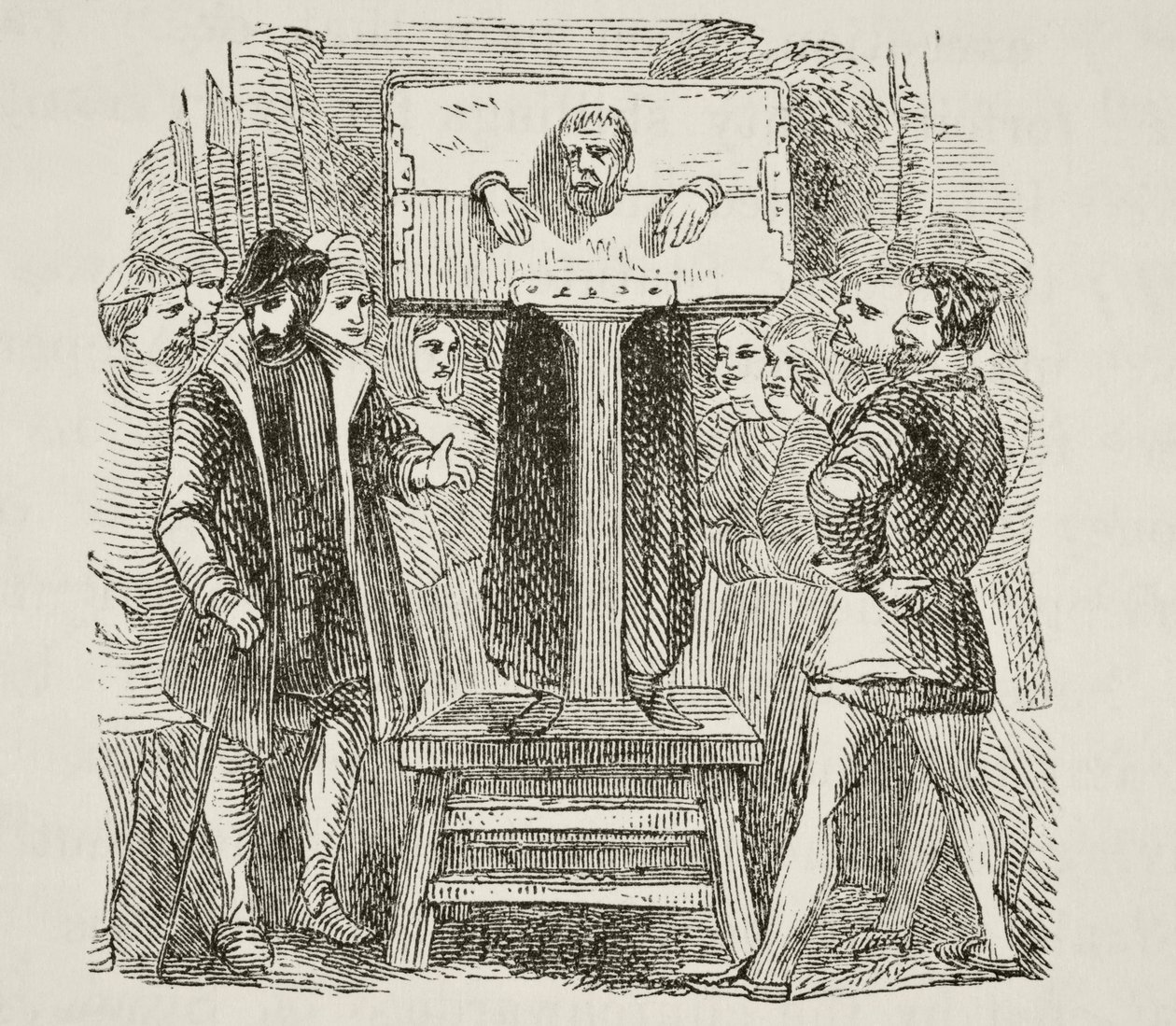 Man locked in a pillory, from 