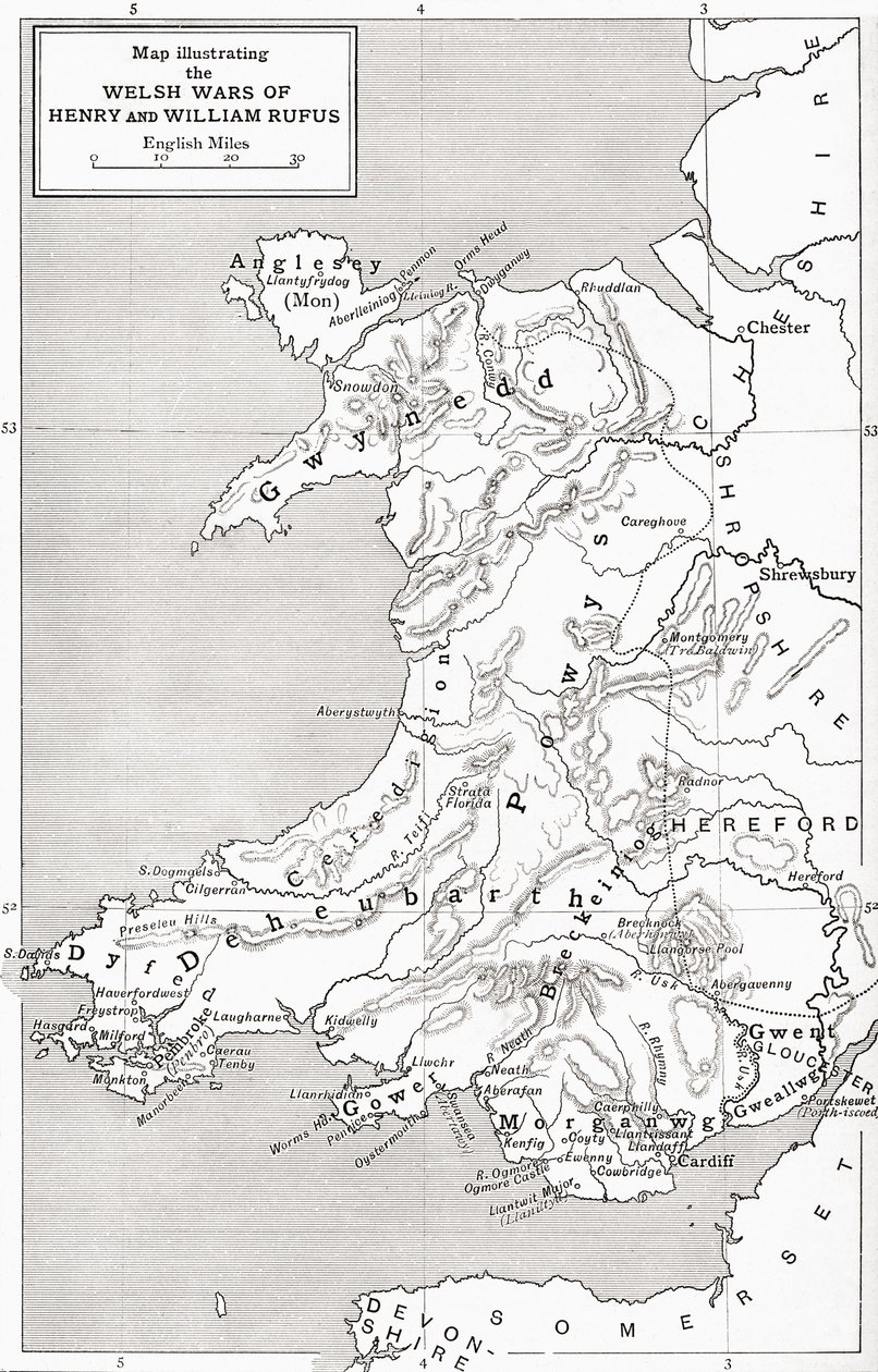 Map illustrating the Welsh wars of William Rufus and Henry I, from 