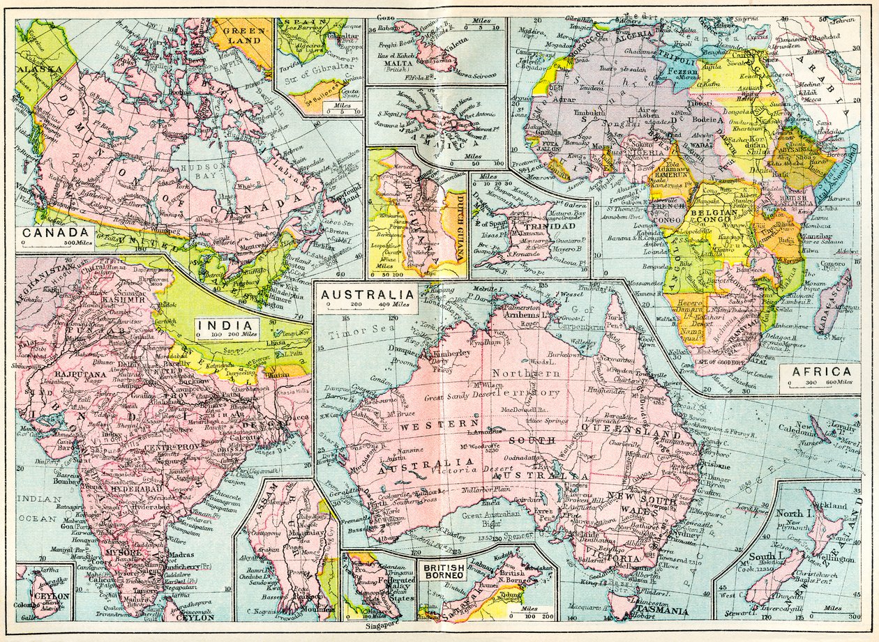 Map of British possessions in 1914 at the outbreak of WWI by English School