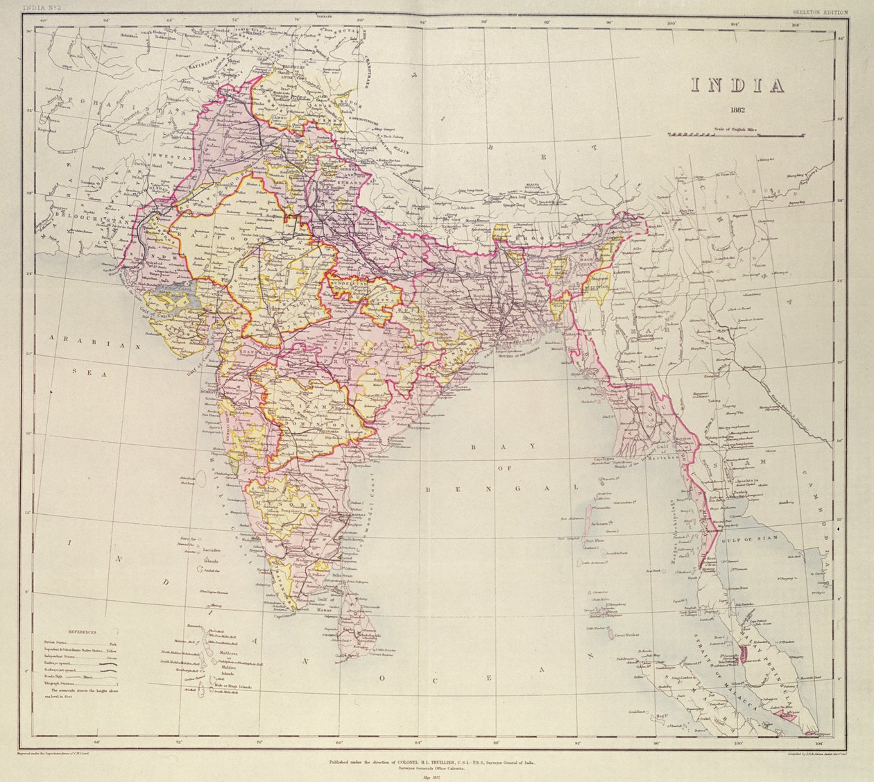 Map of India, published under the direction of Colonel H.R. Thuillier, R.E., Surveyor General of India, 1882 by English School