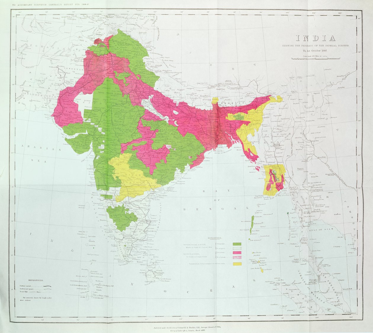 Map of India, showing the progress of the Imperial Surveys, published under the direction of Colonel H.R. Thuillier, R.E., Surveyor General of India, 1888 by English School