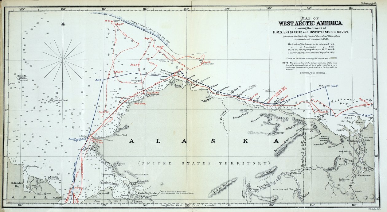 Map of West Arctic America showing the tracks of HMS Enterprise and Investigator in 1850-1854 by English School