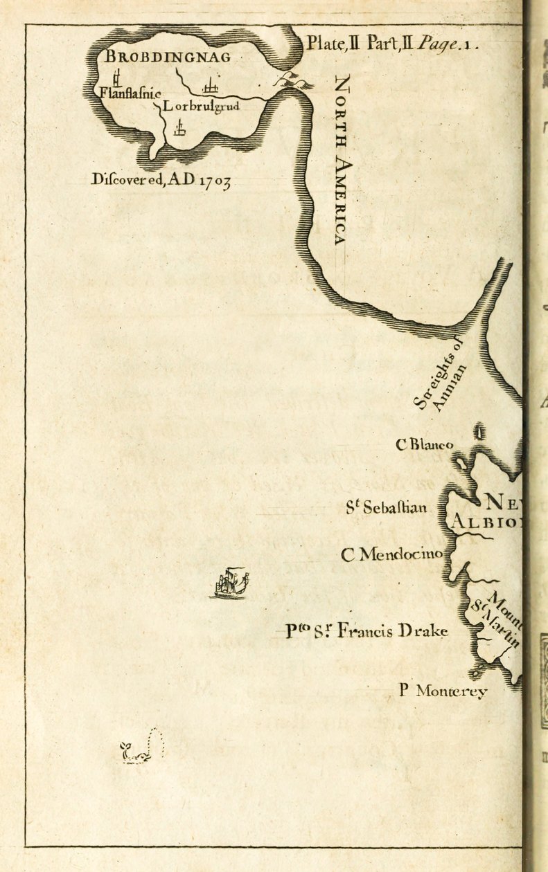Map showing location of Brobdingnag from first edition of Gulliver