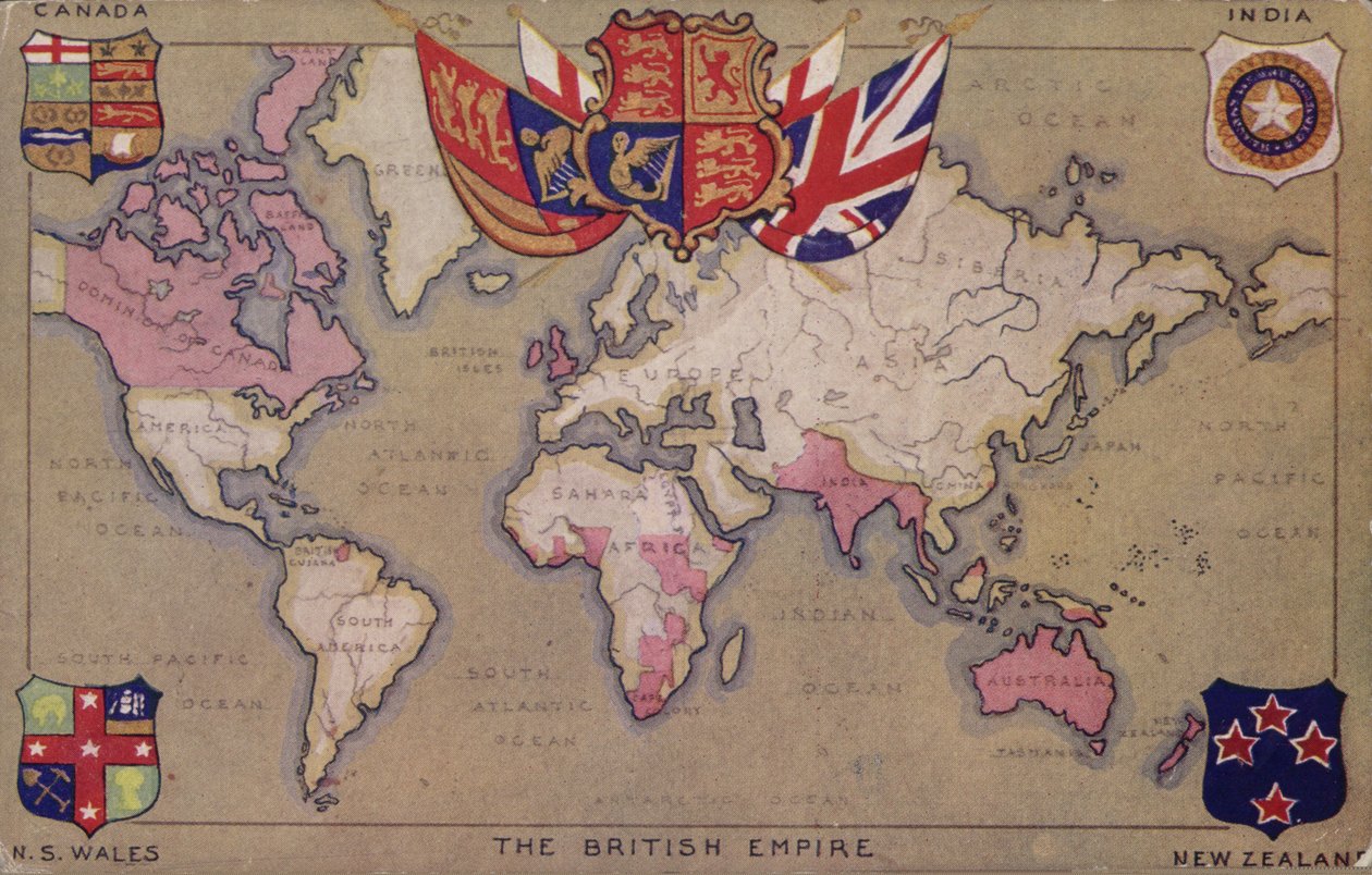 Map Showing the British Empire with Flags and Coats of Arms by English School