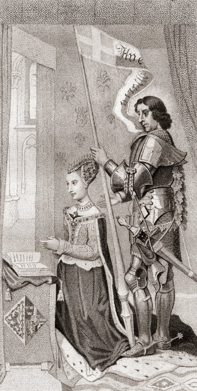 Margaret of Denmark with St. Canute, patron of Denmark, behind her holding a banner showing the cross of the crusades by English School
