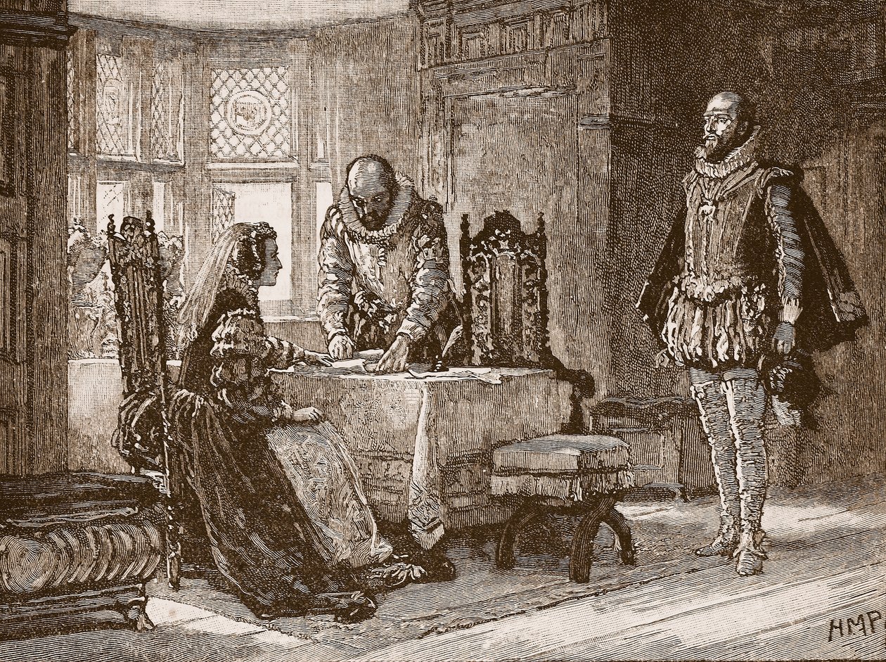 Mary Signing the Deed of Abdication in Lochleven Castle, Illustration from Cassell