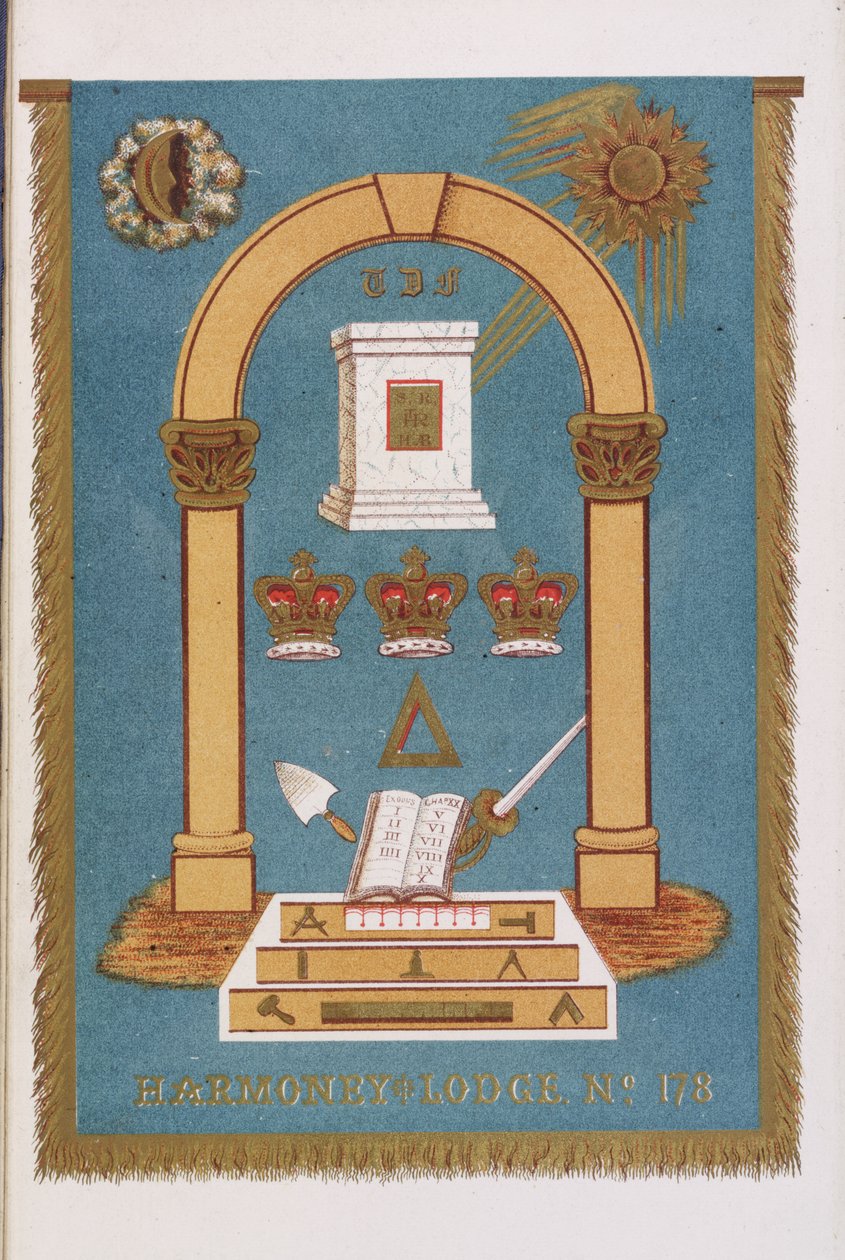 Masonic Lodge emblem showing pillars and various symbols by English School