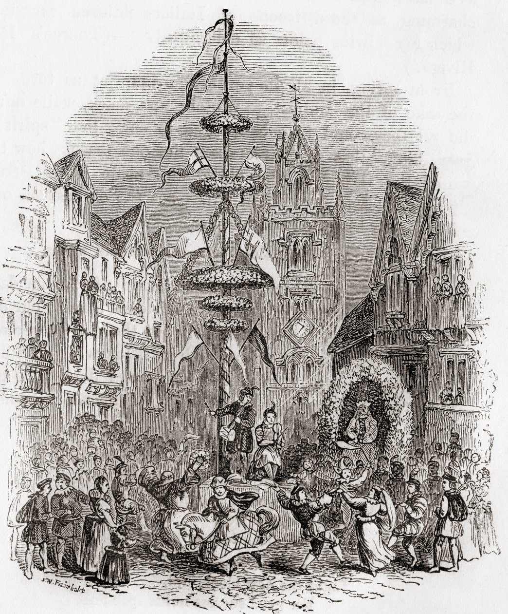 Maypole dancing in front of St Andrew Undershaft Church, London, England in the 19th century, from Old England: A Pictorial Museum by English School
