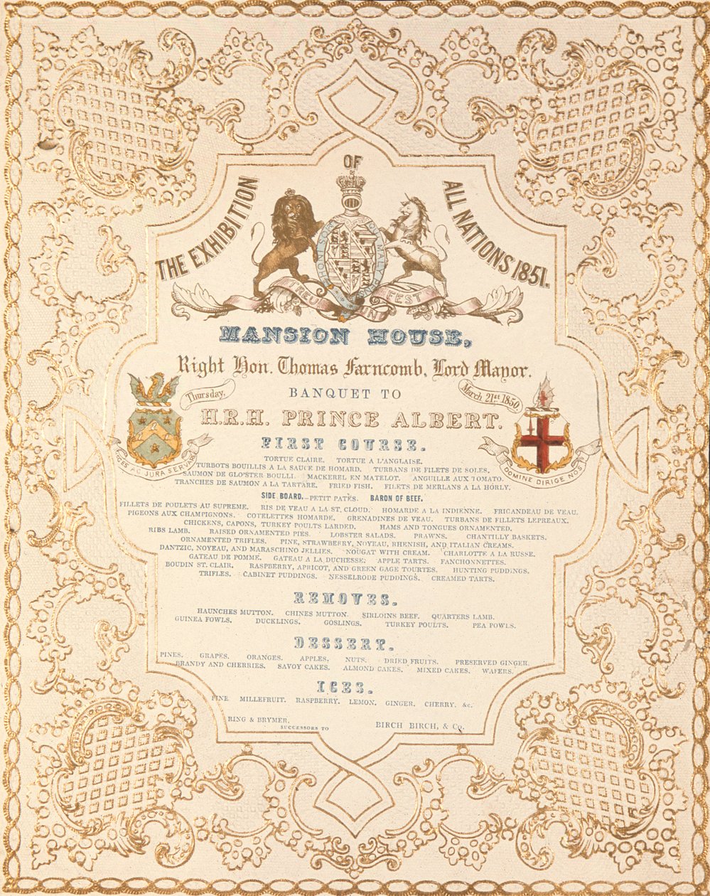 Menu of banquet for Prince Albert at the Mansion House, to mark the Great Exhibition of All Nations, London, 1851 by English School