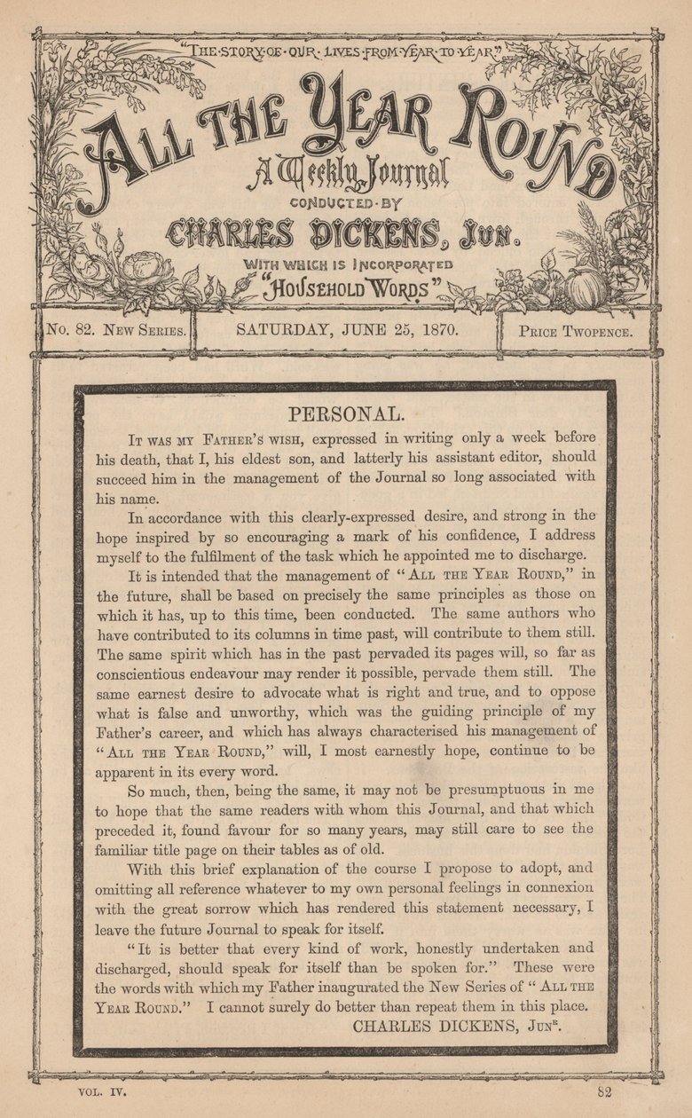 Message from Charles Dickens Junior in the Weekly Journal All The Year Round, After His Father