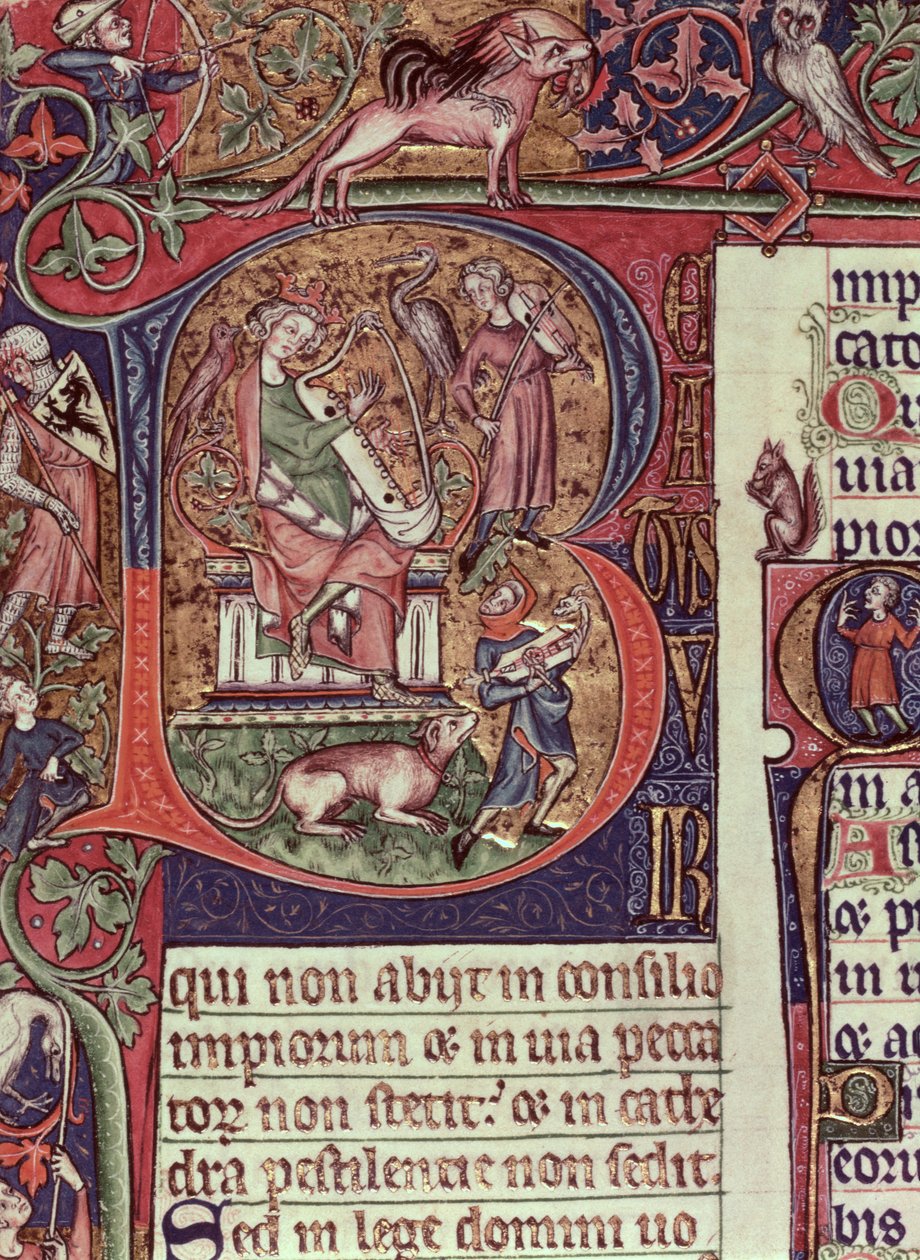 Historiated Initial B from the Peterborough Psalter depicting King David playing the harp, English, c.1310-20 by English School