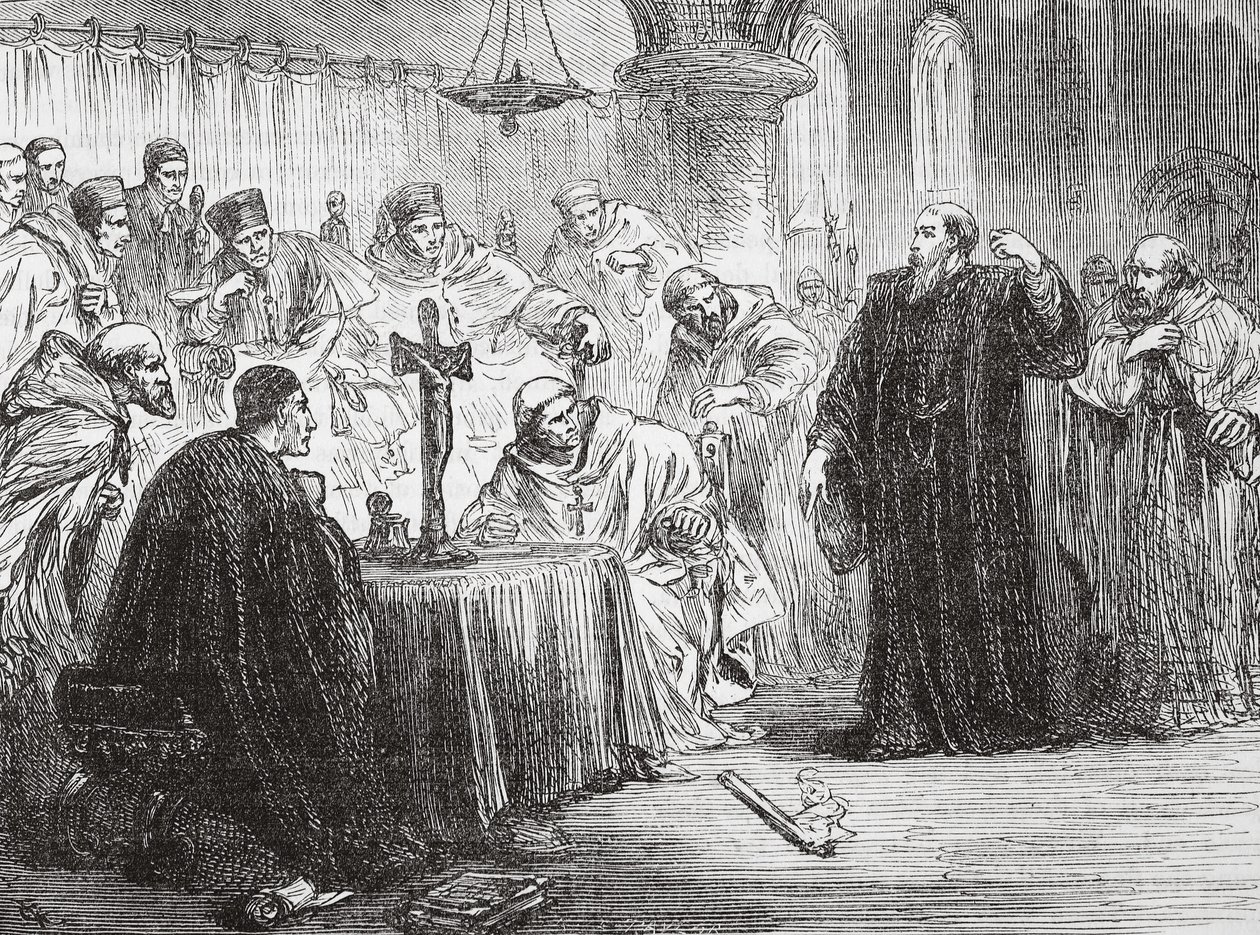 Mollio throwing down his torch before the Inquisition by English School