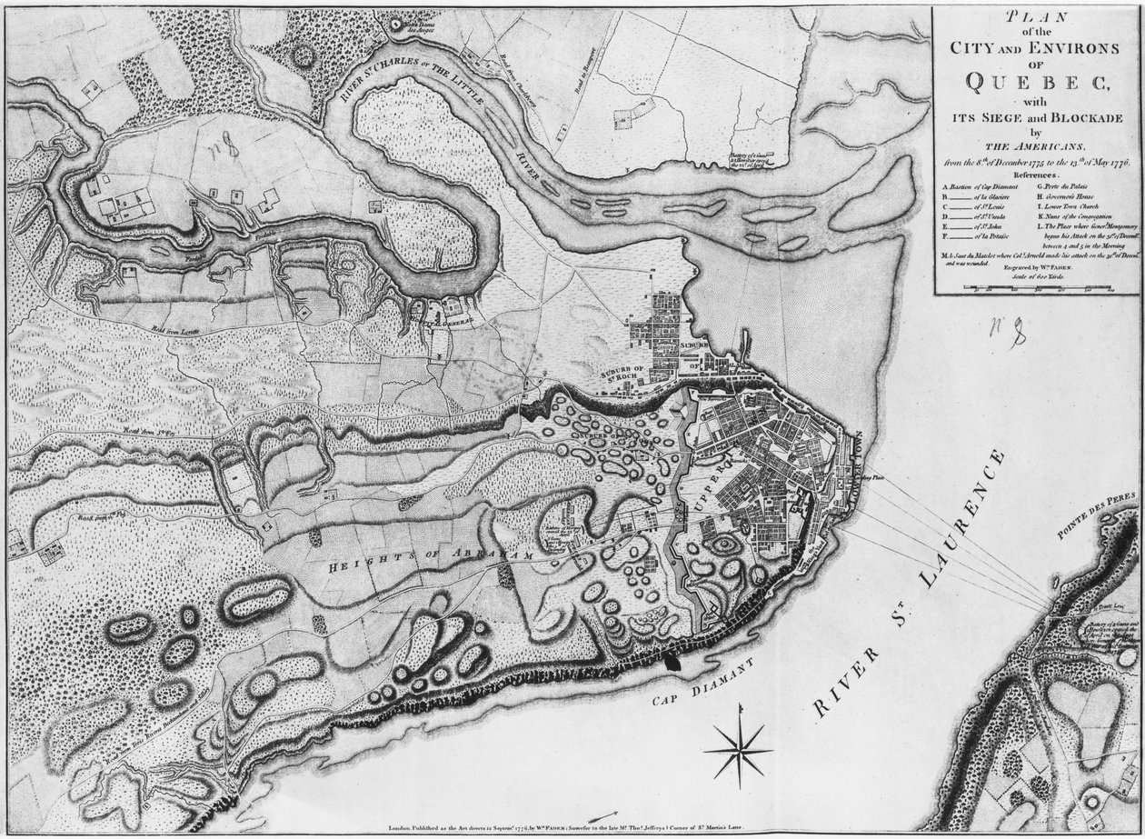 Map of the city and environs of Quebec with its siege and blockade by the Americans, illustration from the 