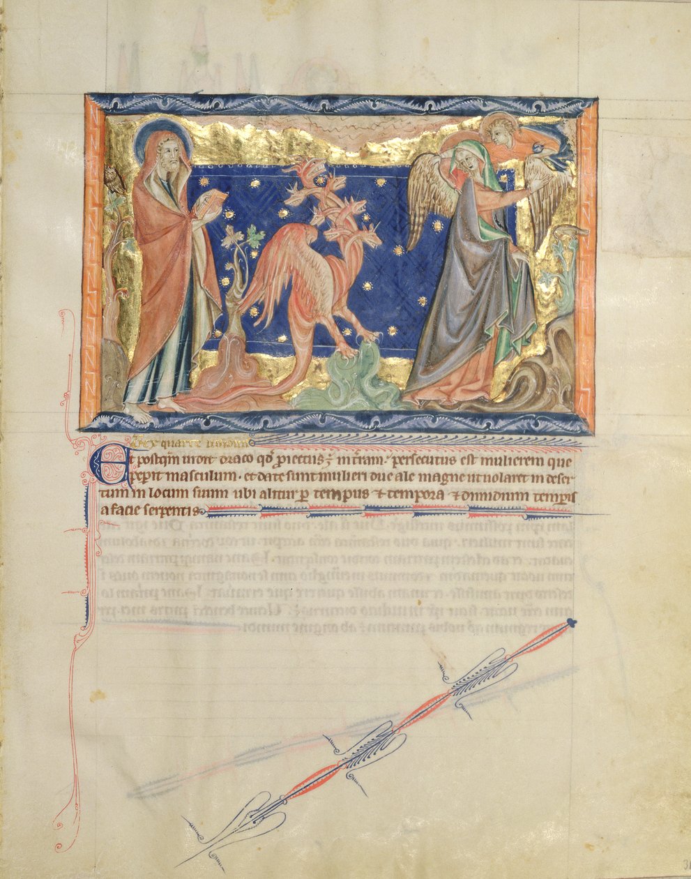 St. John Watching an Angel Help the Woman to Escape from the Red Dragon, from the Gulbenkian Apocalypse, c.1265-70 by English School