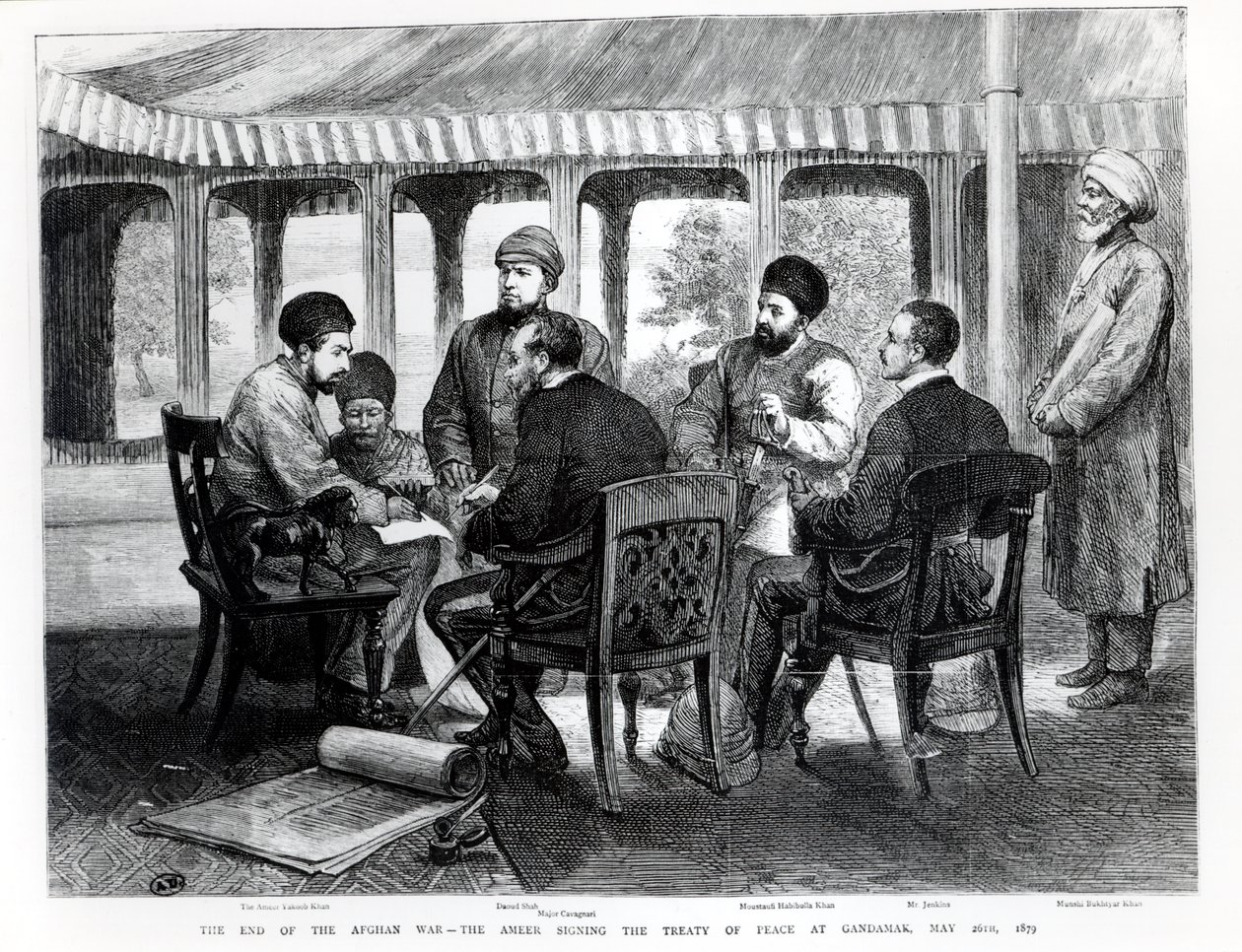 Muhammad Yaqub Khan signing the Peace Treaty at Gundamak on the 26th May, 1879 by English School