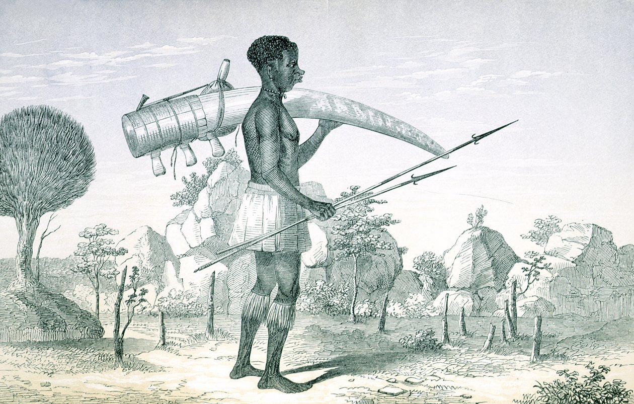 Native carrying a decorated ivory elephant tusk, from The Lake Regions of Central Africa, by Richard F. Burton, 1860 by English School