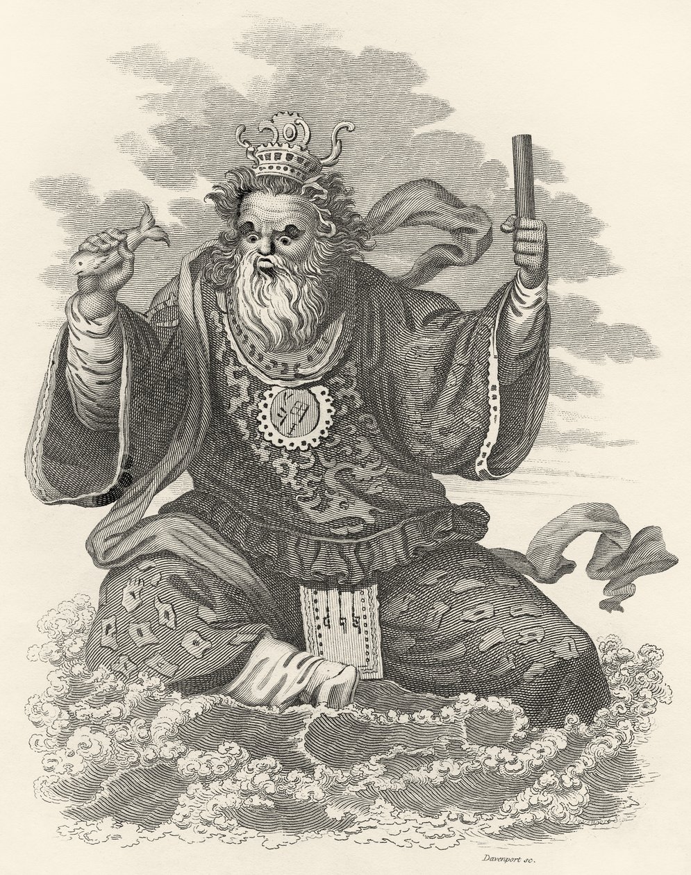 Neptune of the Chinese, illustration from The World: or the present State of the Universe, being a General and Complete Collection of Modern Voyages and Travels, by Cavendish Pelham, published, London by English School
