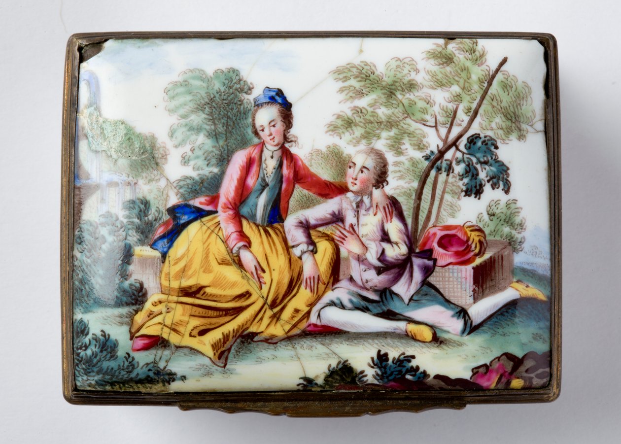 Oblong Box with Lovers in a Landscape on Lid, and Painted Flowers and Insects on Shaped Sides by English School