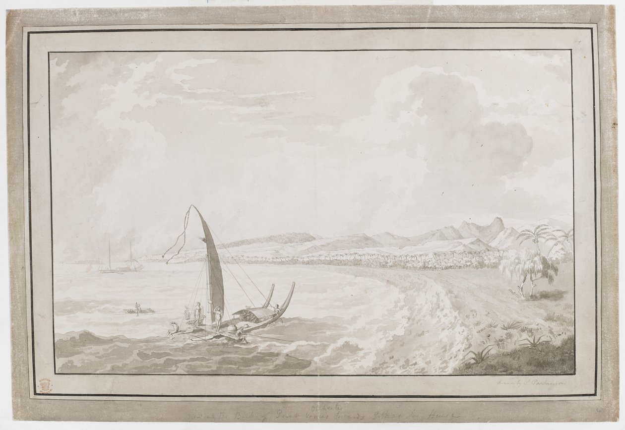 Otahete showing a view out of the Back of Point Venus towards Pithas Long House by English School