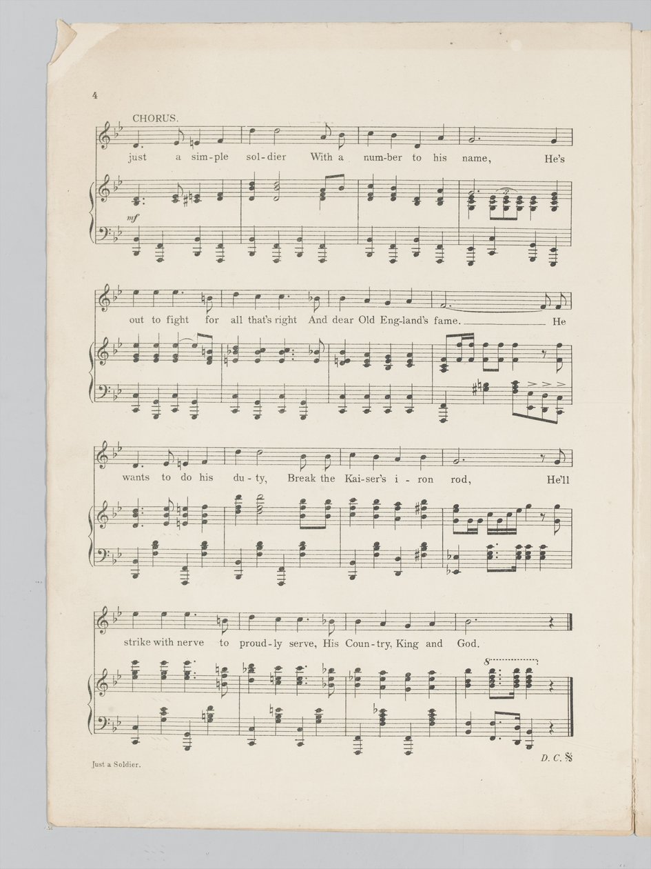 Page 4 of a musical score for the song Just a Soldier by English School