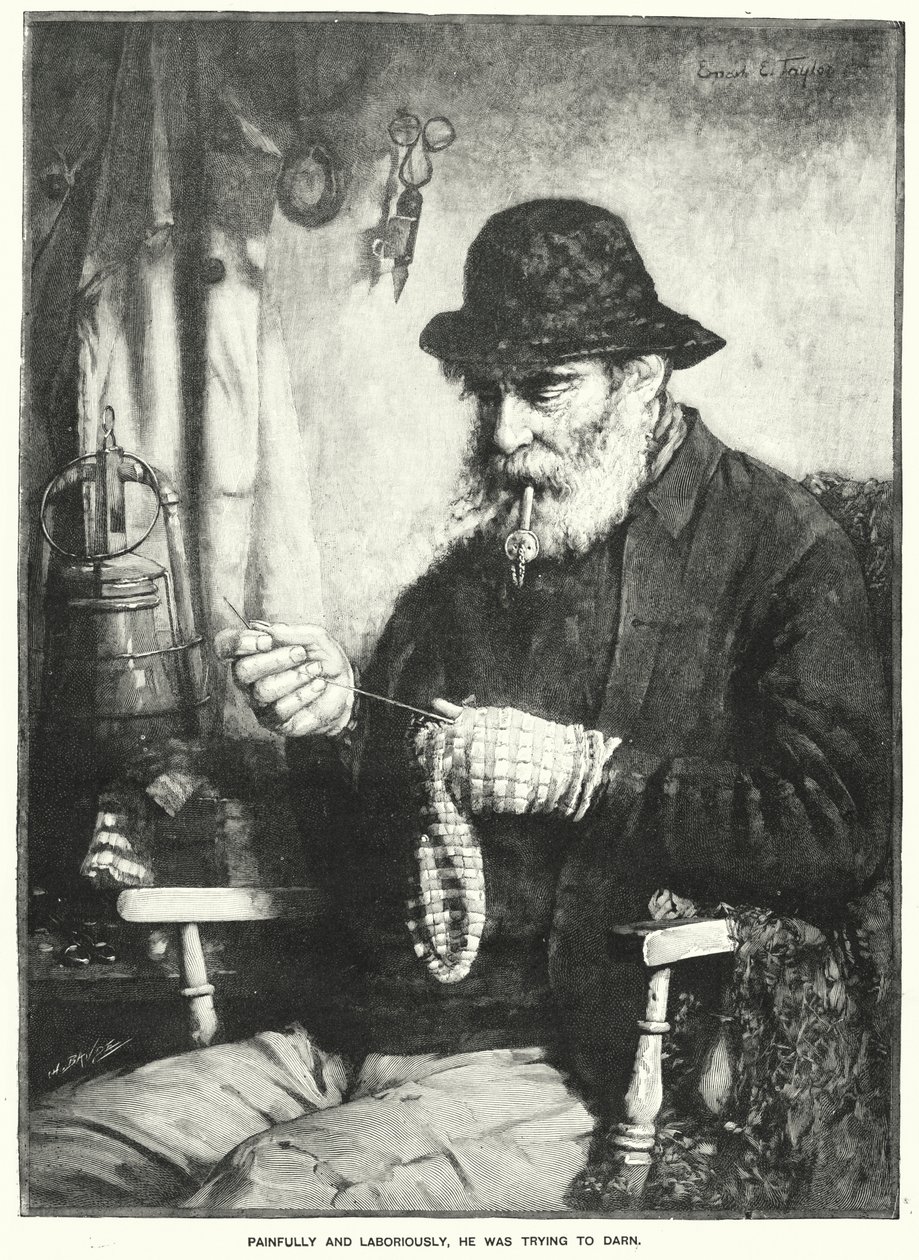 Painfully and Laboriously, he was trying to Darn by English School