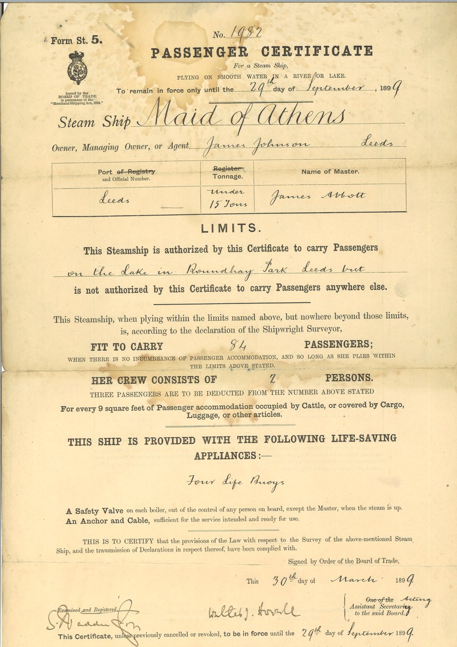 Passenger Certificate for Steam Ship The Maid of Athens by English School