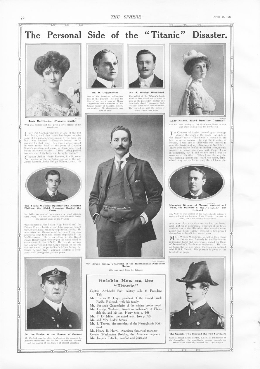 Passengers on RMS Titanic, photographs and information about notable people connected with Titanic, from The Sphere, 27 April 1912 by English School
