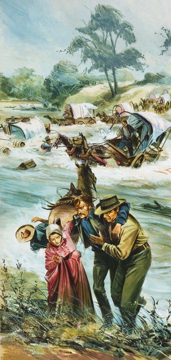 Pioneers Crossing the Untamed Arkansas River in the Early 1880s by English School