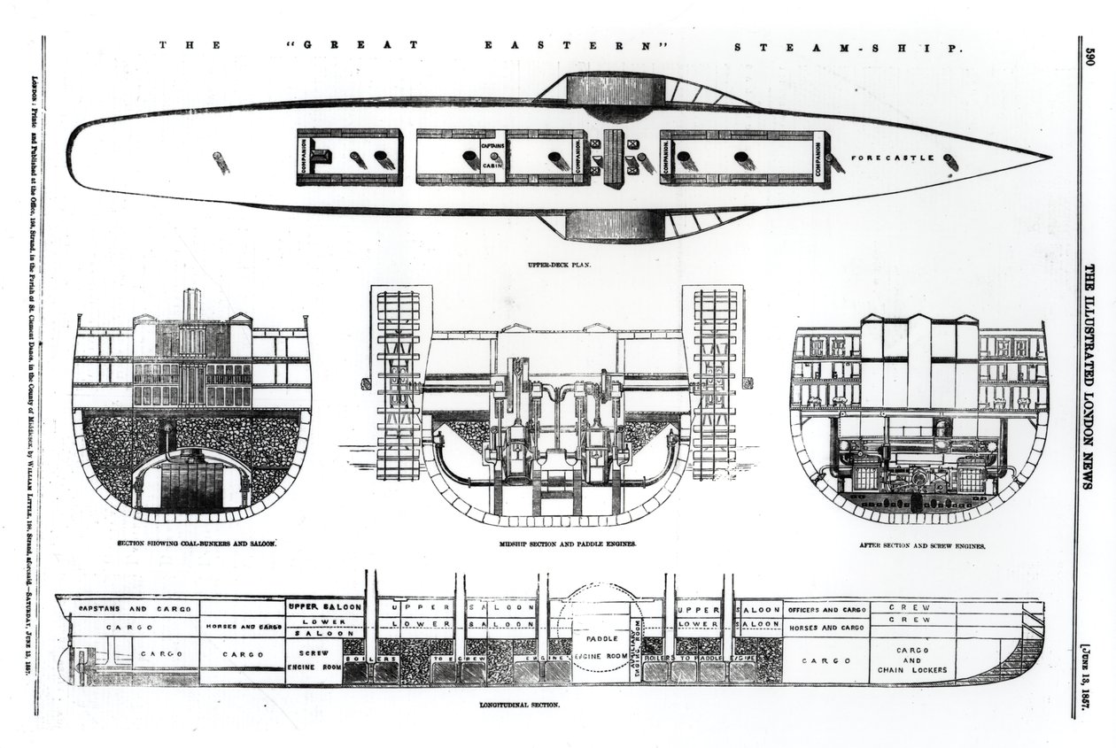 Plan and cross sections of the Great Eastern steamship, 1857 by English School