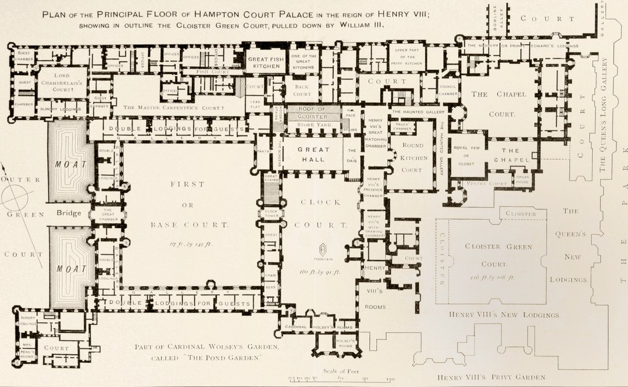 Plan of the principal floor of Hampton Court Palace as it was during the reign of King Henry VIII, from History of Hampton Court Palace in Tudor Times by Ernest Law, published London 1885 by English School
