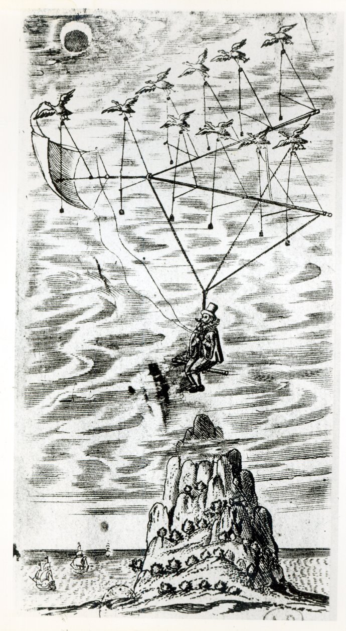 Plane, illustration from the frontispiece of The man in the moone or a discourse of a voyage thither by Domingo Gonsales, the speedy Messenger by Francis Godwin by English School