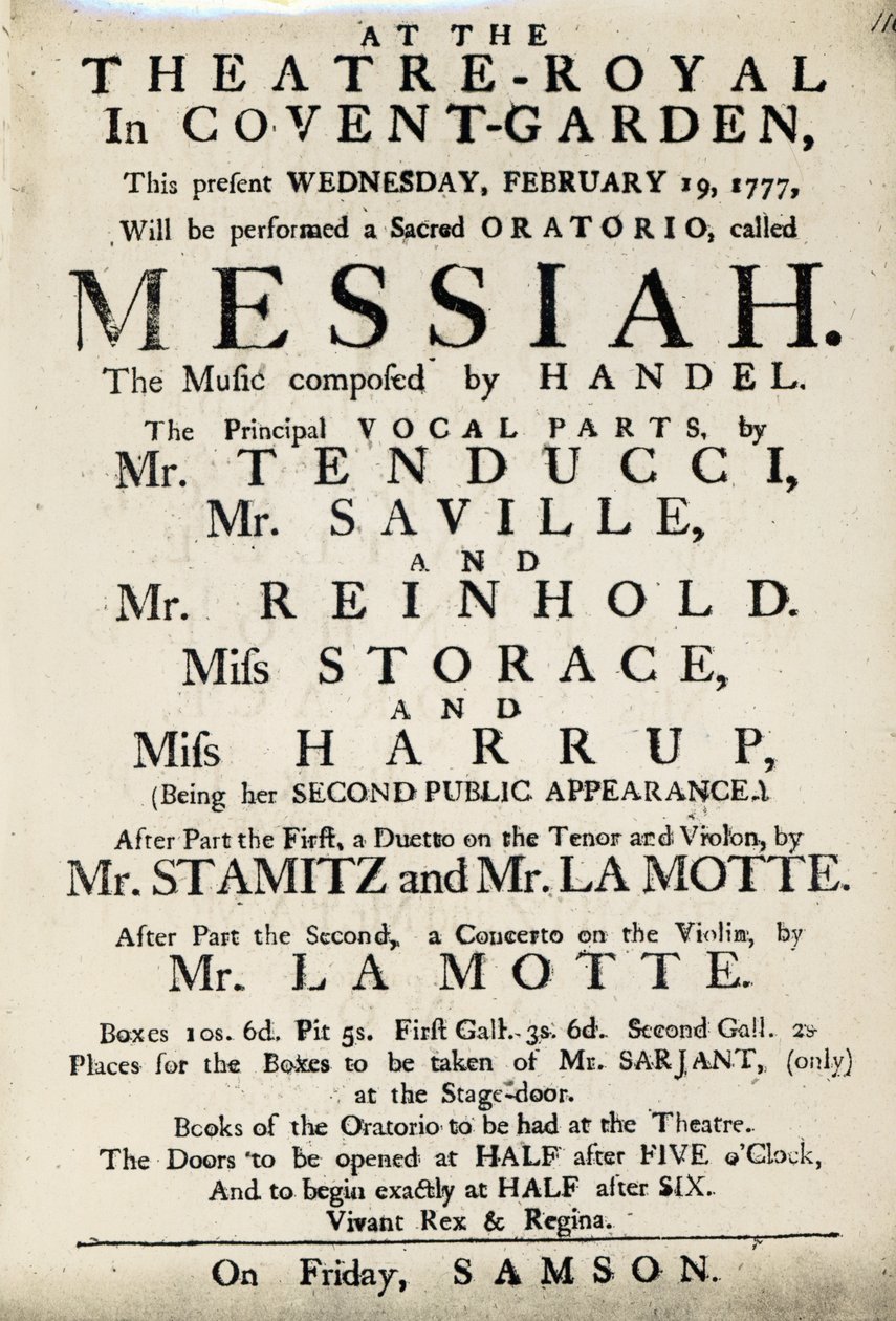 Playbill Advertising a Performance of Handel
