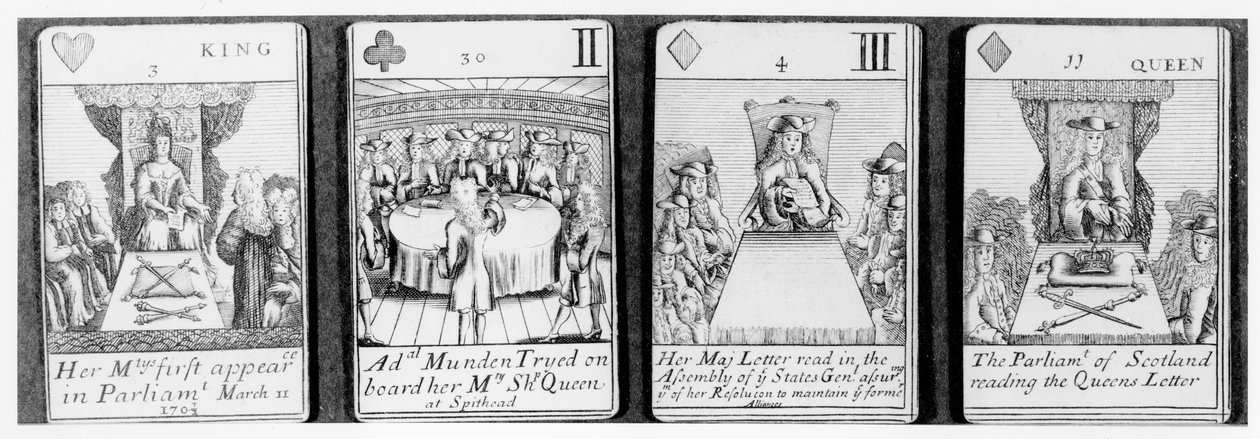 Playing cards depicting events early on in the reign of Queen Anne, from a set commemorating the War of the Spanish Succession (1702-13) by English School