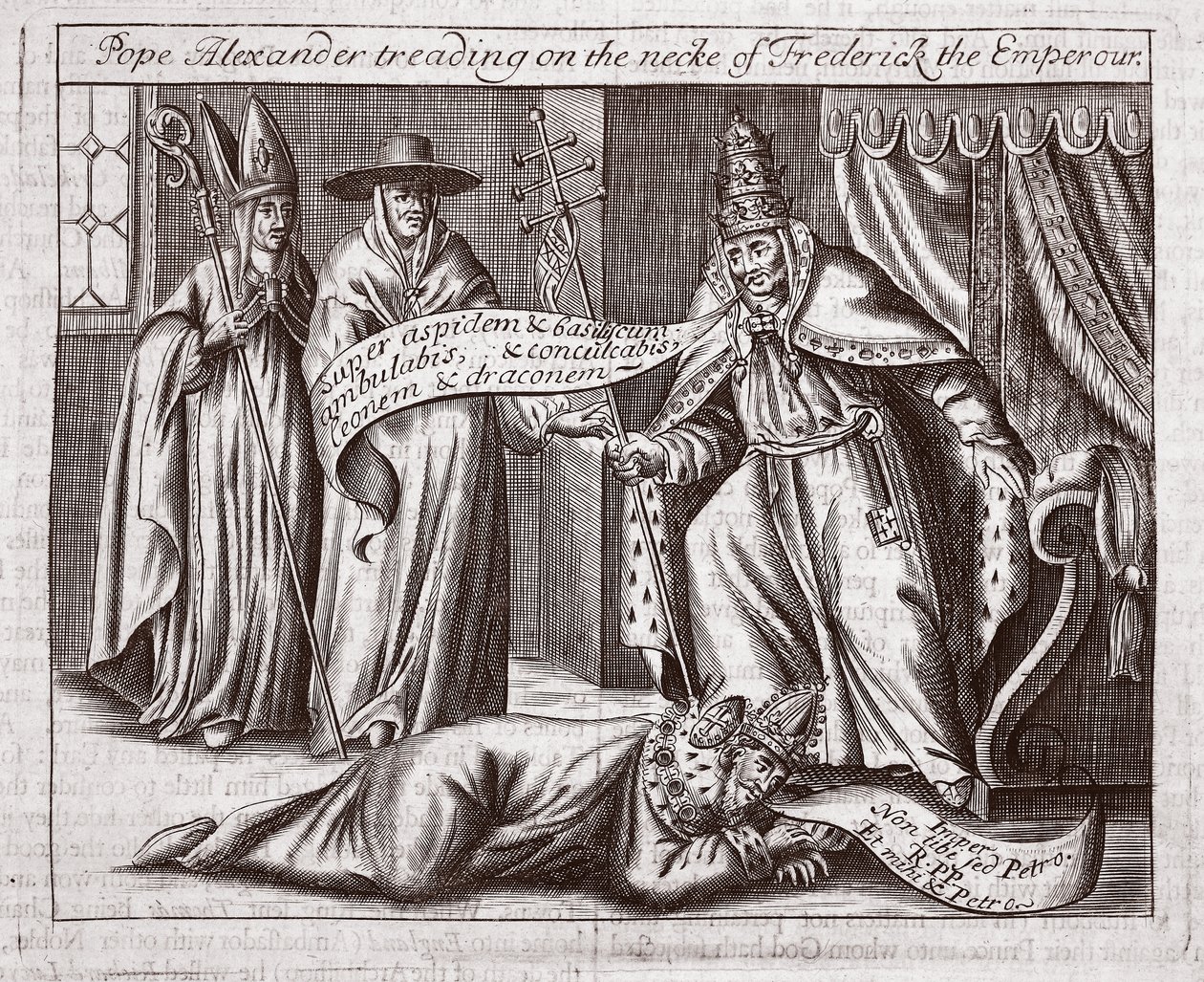 Pope Alexander treading on the neck of Emperor Frederick, illustration from Acts and Monuments by John Foxe, ninth edition, pub. 1684 by English School