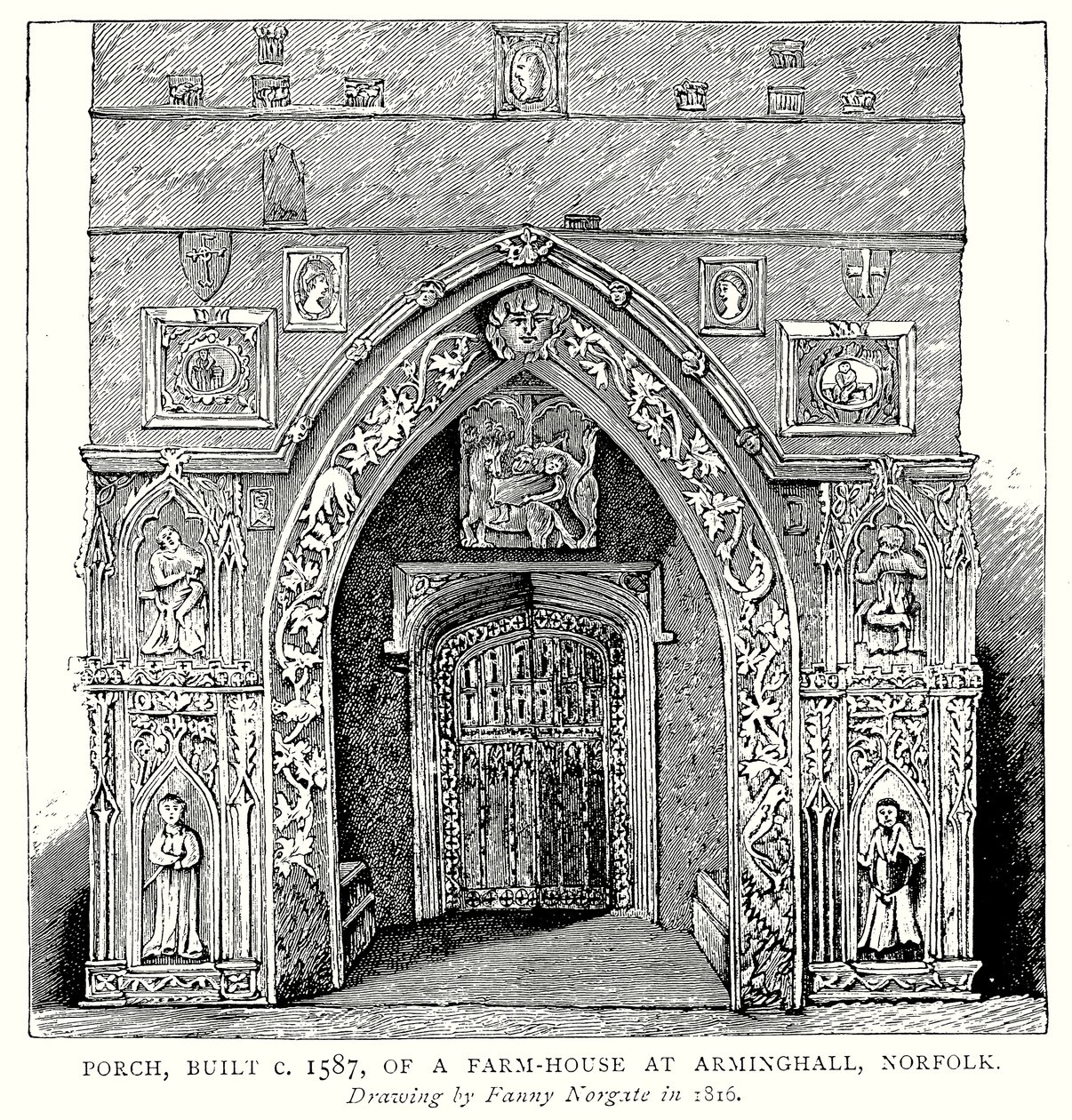 Porch, Built c. 1587, of a Farm-House at Arminghall, Norfolk (engraving) by English School