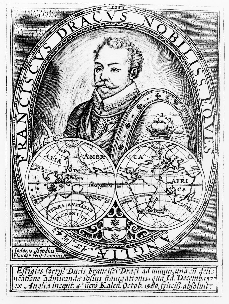 Portrait of Sir Francis Drake at the Age of 43, engraved by Jodocus Hondius by English School