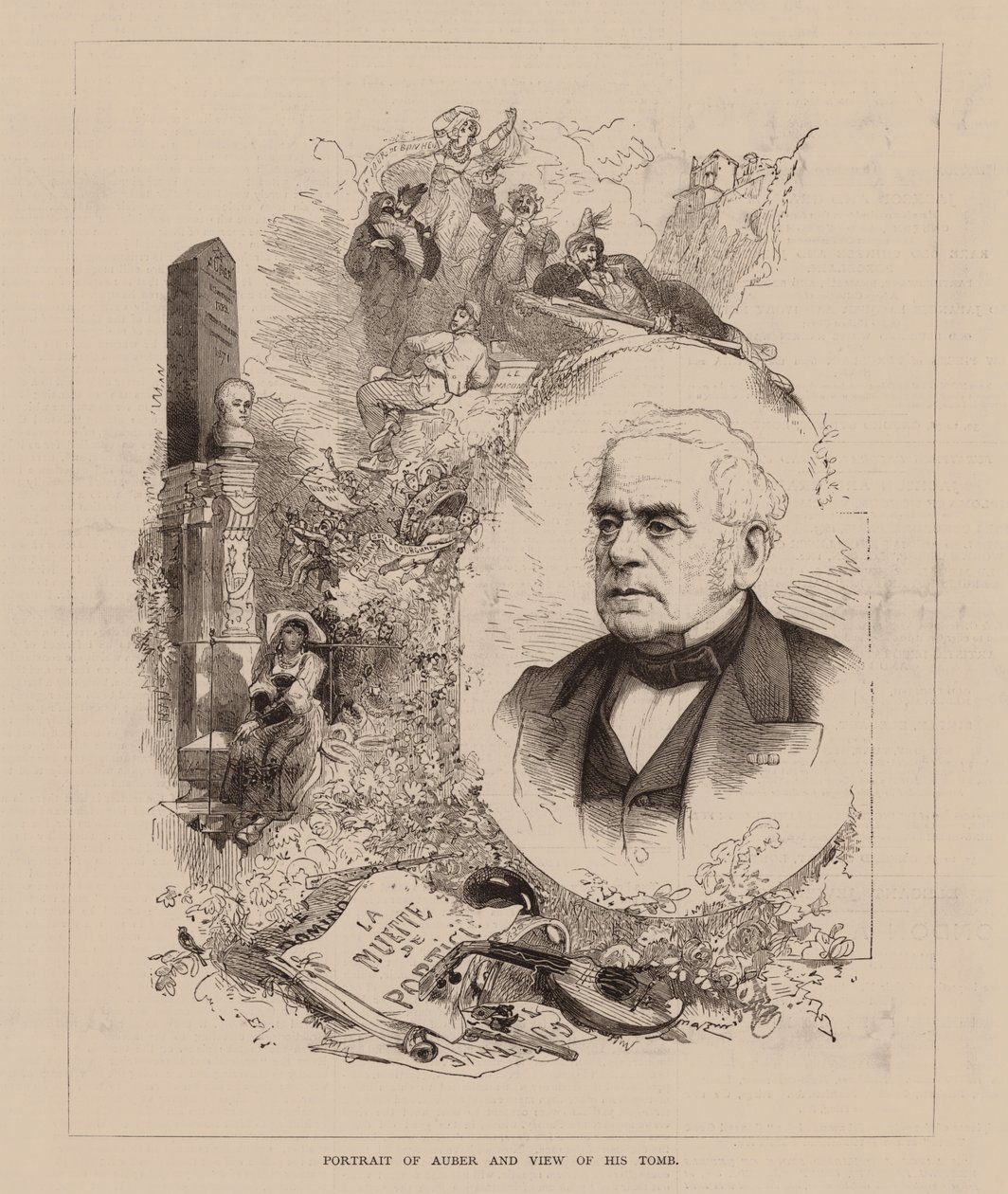 Portrait of Auber and View of his Tomb by English School