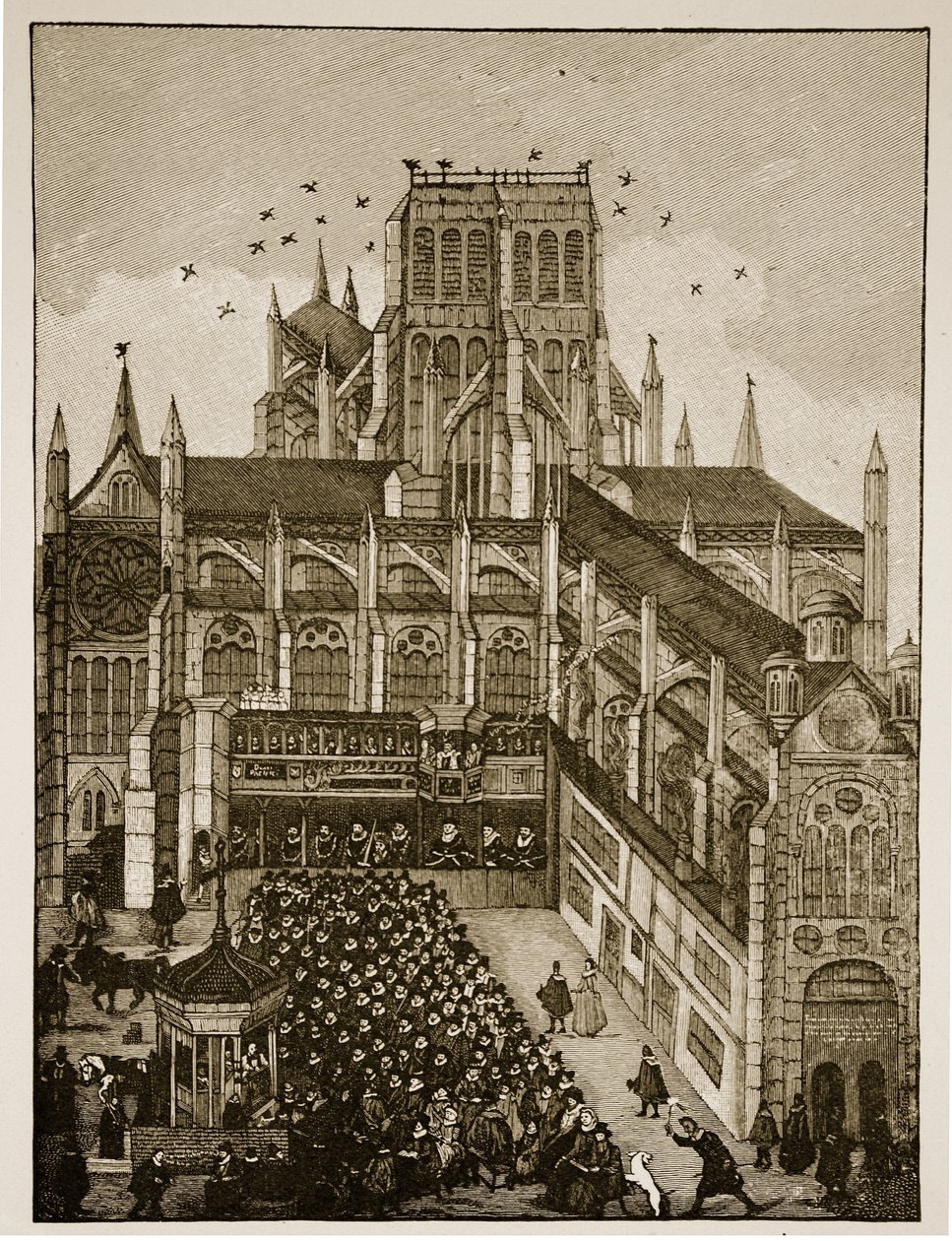 Preaching before the King and Prince of Wales at Pauls Cross in 1616, after a 17th century painting by English School