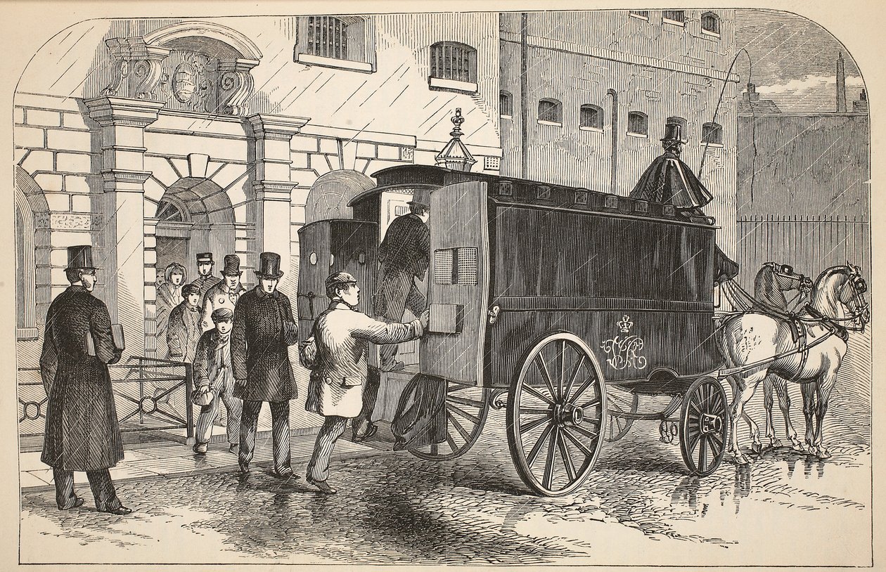 Prison van taking up prisoners at the House of Detention, illustration from The Criminal Prisons of London and Scenes from Prison Life by Henry Mayhew and John Binny, pub. 1862 by English School