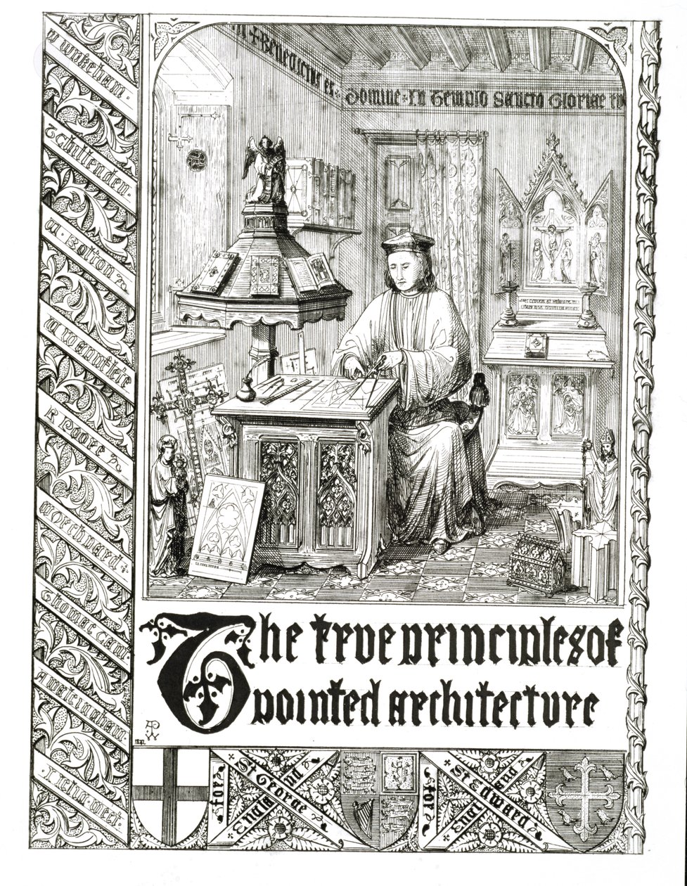 Pugin at work, frontispiece from True Principles of Pointed or Christian Architecture, by Augustus Welby Northmore Pugin by English School