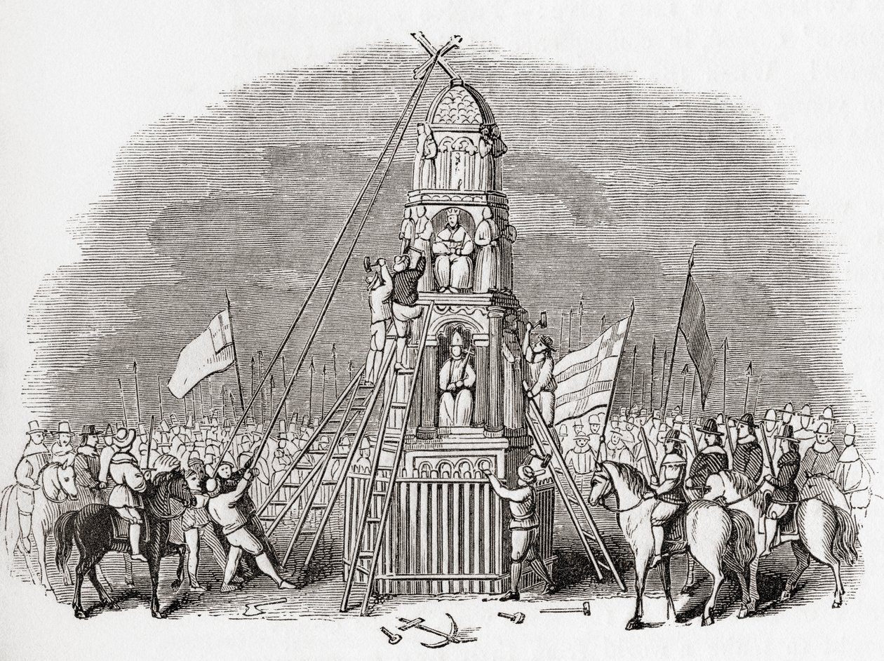 Puritans destroying the Cheapside Cross aka Eleanor Cross, London, England in 1643, from Old England: A Pictorial Museum by English School