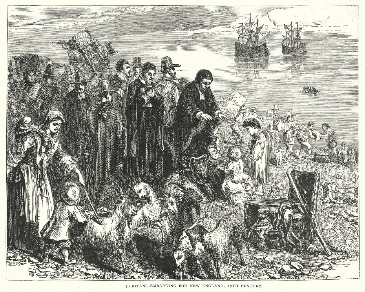 Puritans Embarking for New England by English School