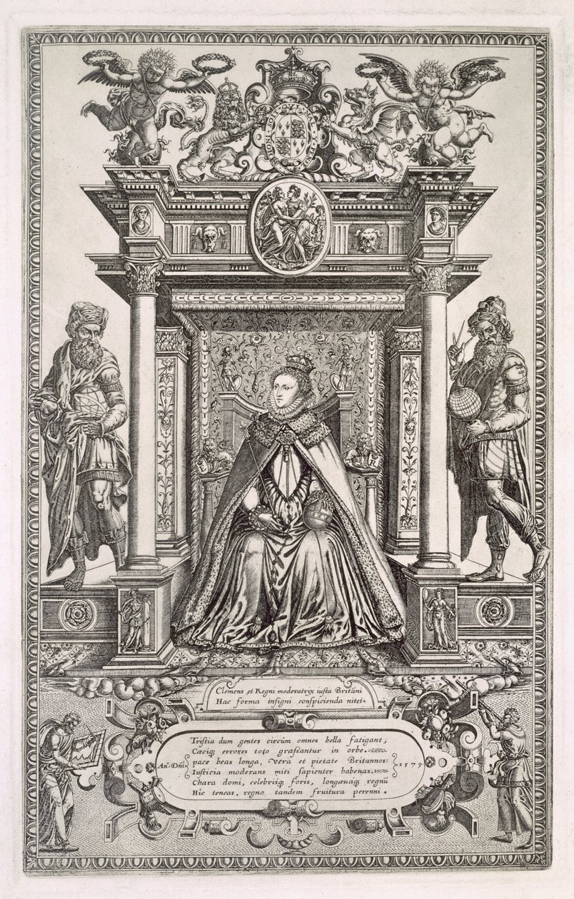 Queen Elizabeth I as Patron of Geography and Astronomy, Frontispiece to a Book of Saxon Maps of England, 1579 by English School