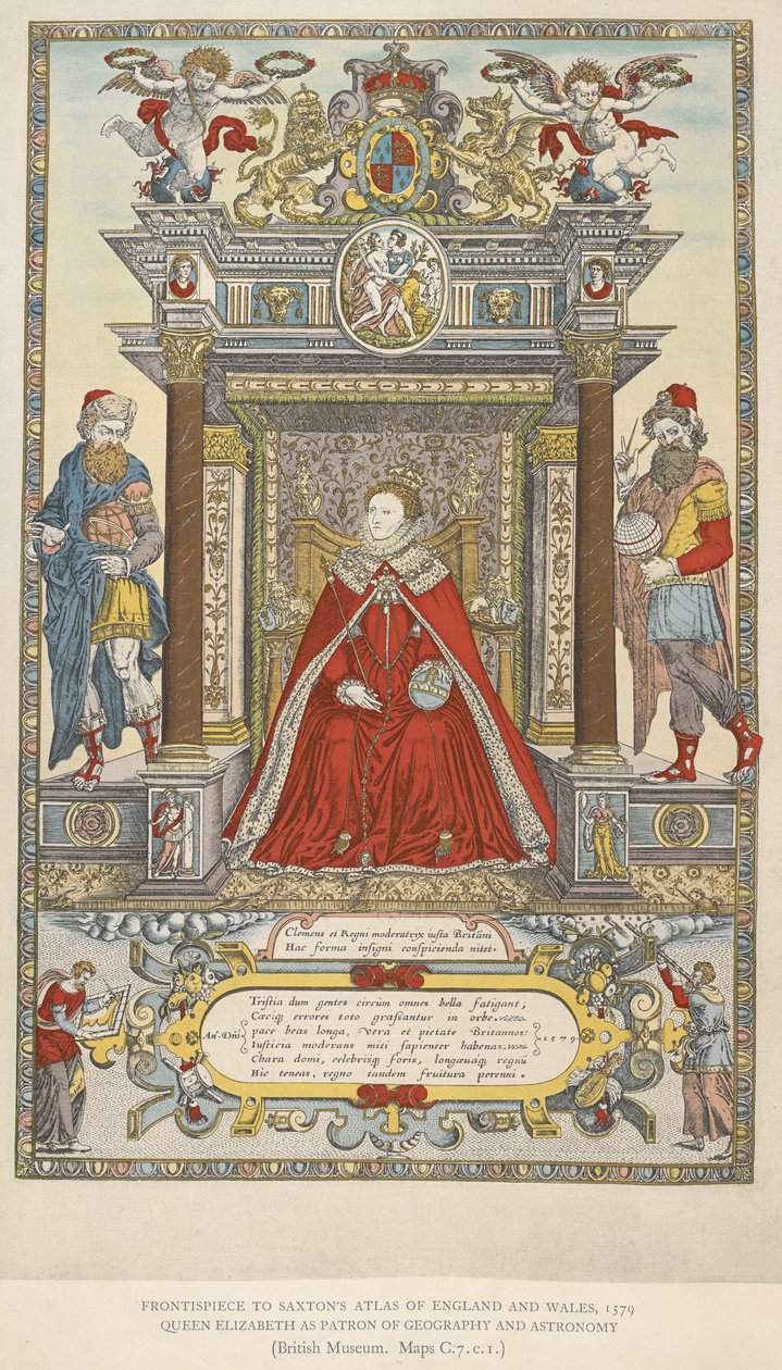 Queen Elizabeth as patron of geography and astronomy. Frontispiece to Saxton