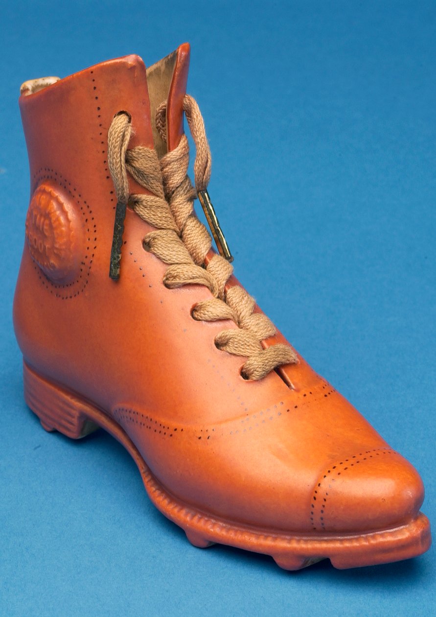 Replica football boot with laces marked with the Stevens patent (ceramic) by English School