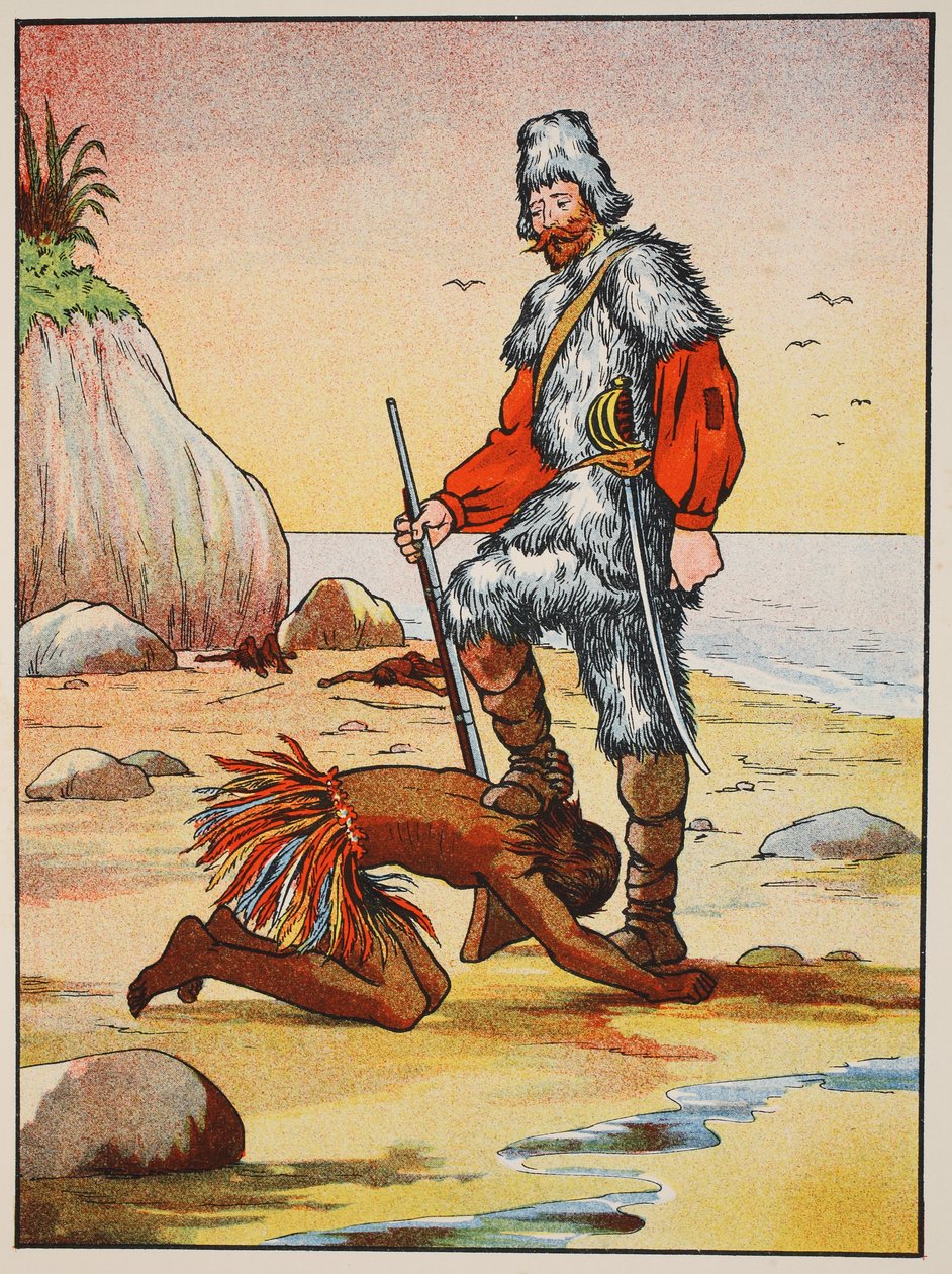 Robinson Crusoe and Friday, illustration from The Story of Robinson Crusoe: An adaptation for children following Defoes language, pub. by Griffith Farran Browne & Co. Limited, London  by English School