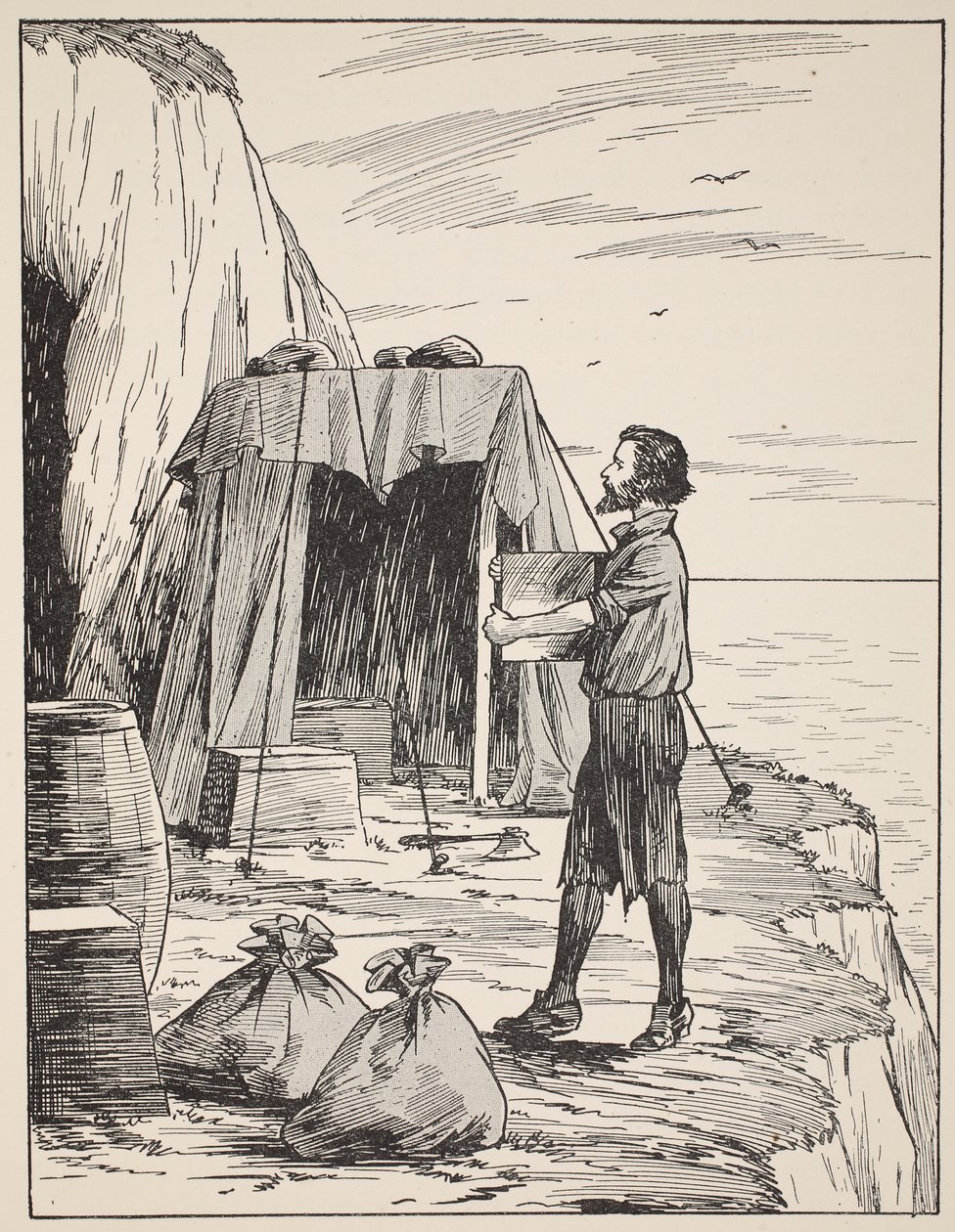 Robinson Crusoe building his shelter, illustration from The Story of Robinson Crusoe: An adaptation for children following Defoe