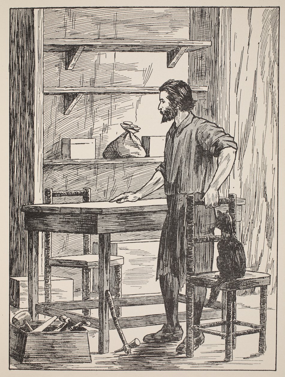 Robinson Crusoe building table and chairs for his cave, illustration from The Story of Robinson Crusoe: An adaptation for children following Defoe